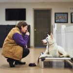 Dog trainer practicing the command "Look" with a dog on a cot