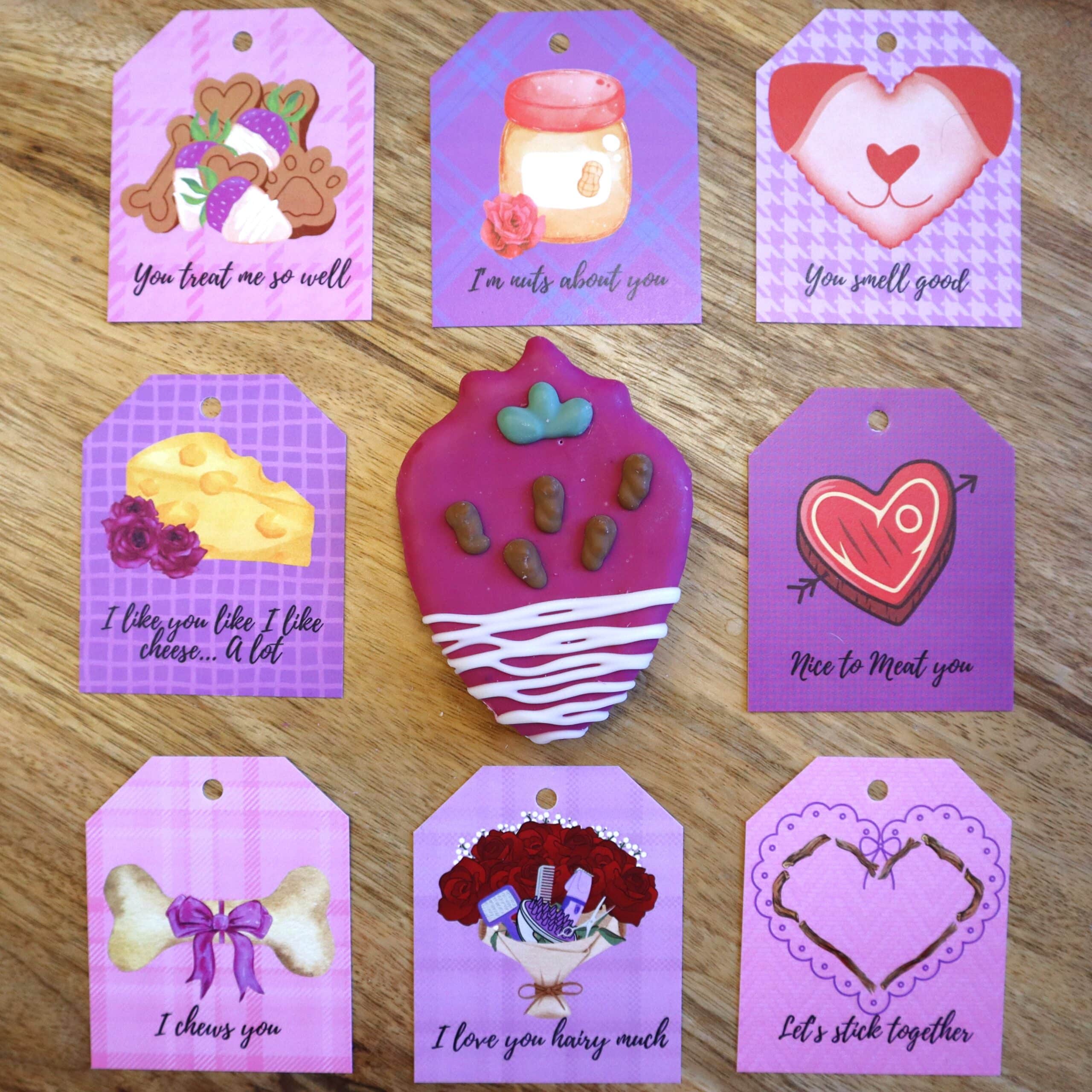 Valentine chocolate covered strawberry dog treat with cards surrounding it.