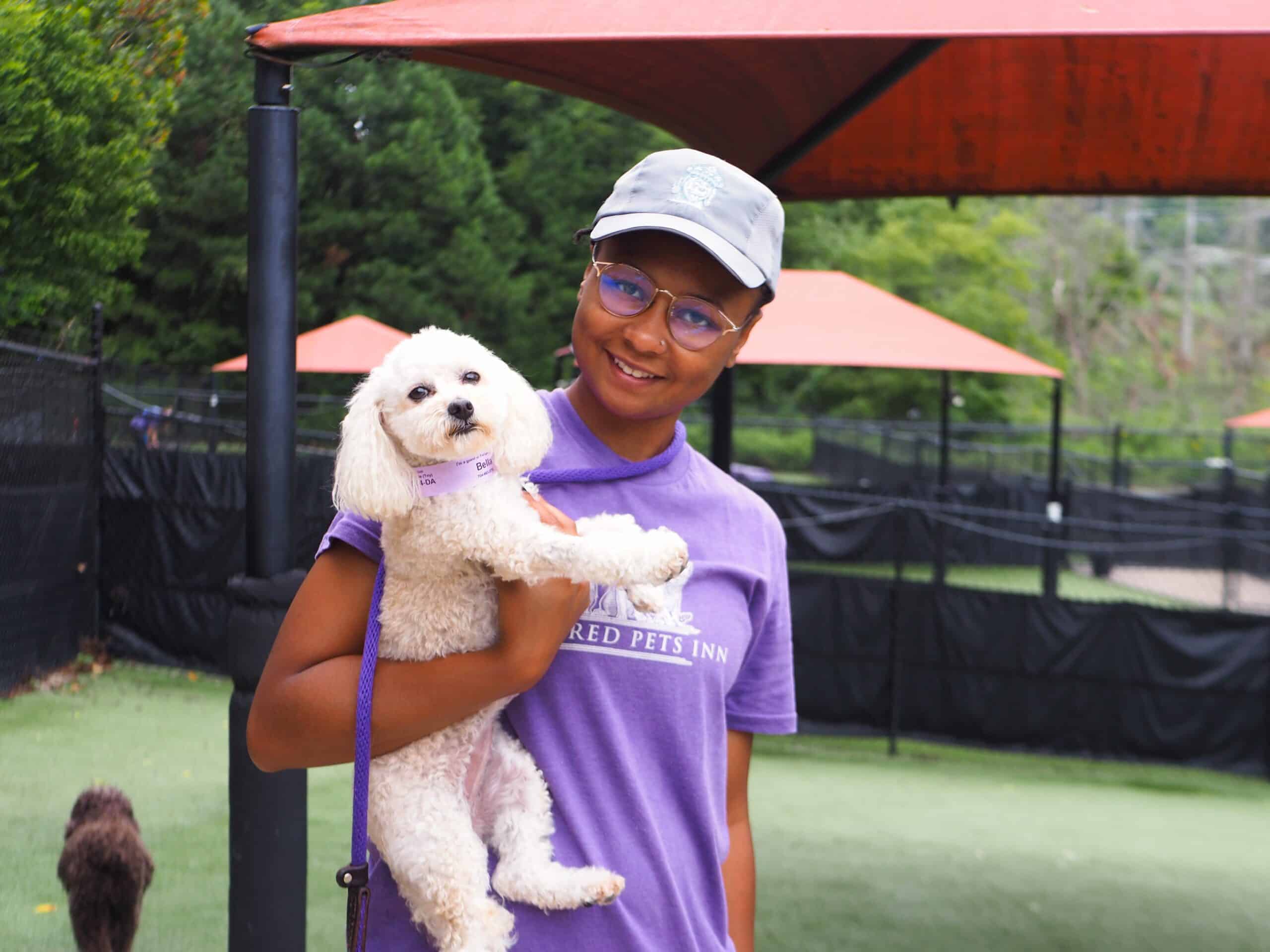 staff holding a small dog