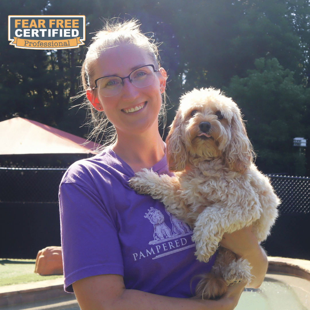 Staff member posing with a pet guest with a Fear Free Certified Professional sticker in the top left corner.
