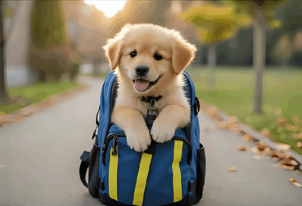 An AI image of a happy puppy in a backpack