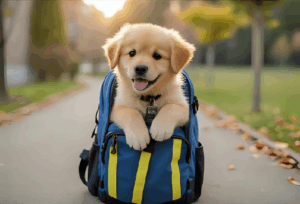 An AI image of a happy puppy in a backpack